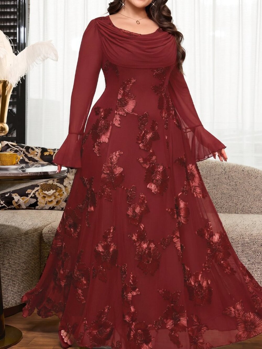 Burgundy Elegant Women's Plus Size Jacquard Casual Party Dress - Picture 10 of 10